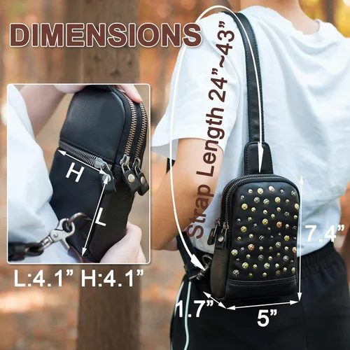 Miniatura 3 de CENUNCO Bolso bandolera de cuero genuino para mujer, bolso cruzado de cuero pequeño para teléfono, estilo remache, estilo remache, bolso negro