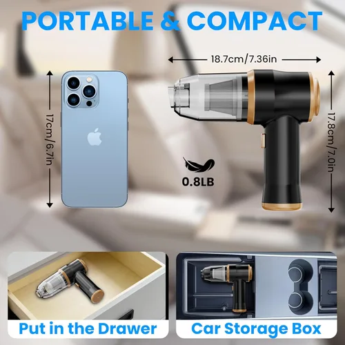 Miniatura 5 de Mini aspiradora de coche de 15000 Pa Aspiradora portátil inalámbrica de mano y plumero de aire con 2 filtros para automóvil, sofá, oficina, mascota