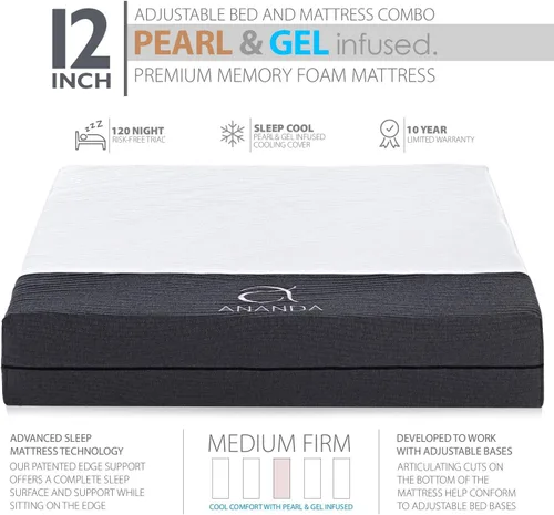 Miniatura 2 de Blissful Nights Ananda - Colchón de espuma viscoelástica con infusión de perlas y gel frío de 12 pulgadas con base de cama ajustable de primera