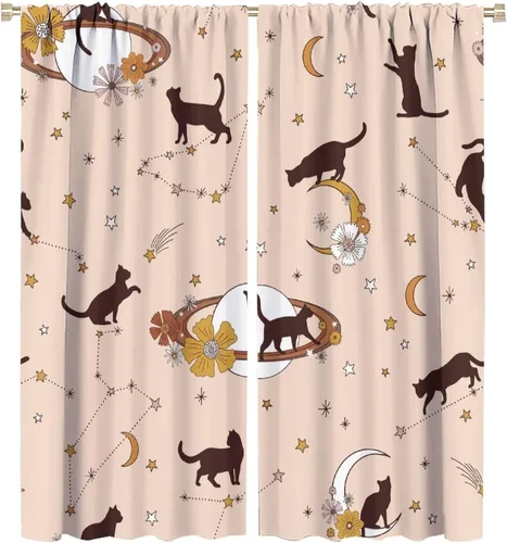 Miniatura 51 de Cortinas de estilo de mediados de siglo, diseño geométrico abstracto moderno, diseño retro, estampado de gato negro, para dormitorio, sala de estar
