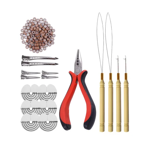 Miniatura 12 de Kit de herramientas de 200 piezas de extensiones de cabello de microanillos de silicona: alicates de pelo de tres agujeros, aguja de gancho de micro