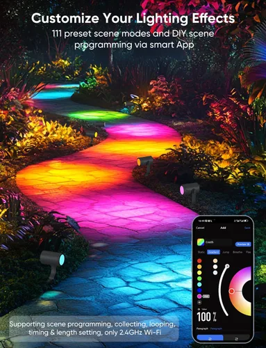 Miniatura 4 de APPECK Foco inteligente para exteriores de 600 lm, RGBCW+IC luces de paisaje que cambian de color, paquete de 2 unidades, iluminación de paisaje