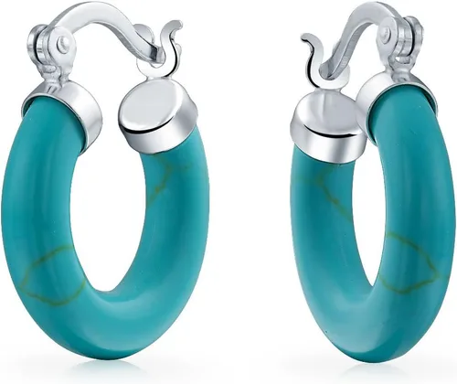 Aretes de aro de tubo redondo con piedras preciosas mejoradas de tamaño mediano, color rojo, naranja, coral, azul, turquesa, rosa, jade negro,