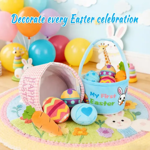 Miniatura 6 de Juego de 5 cestas de peluche para conejito de Pascua, cubos de Pascua con huevos de Pascua, cesta de caza para regalos de fiesta de Pascua, bolsas