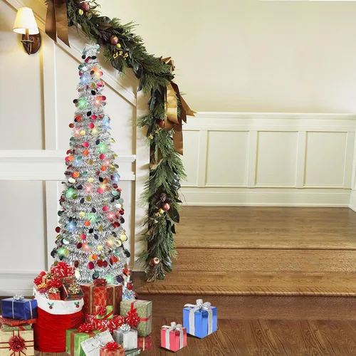 Miniatura 3 de Árbol de Navidad Tipo Lápiz de 5 Pies, Árbol de Navidad Artificial Plegable con Lentejuelas Pop Up, Árboles de Navidad de Oropel Tipo Lápiz Delgado