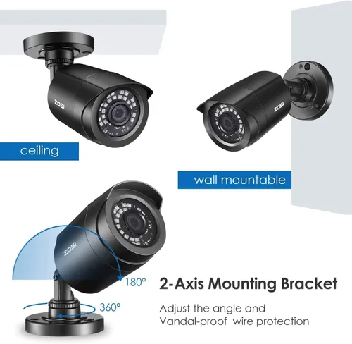Miniatura 9 de ZOSI Paquete de 4 1080P 2.0MP para interiores y exteriores de 0.142 in, 24 unidades, lente infrarroja infrarroja, CCTV, cámara de seguridad de corte