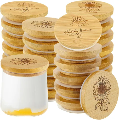 Gueevin Juego de 24 tapas para tarros de yogur a granel de madera de bambú compatibles con tarros de yogur Oui, redondos, reutilizables, con anillos
