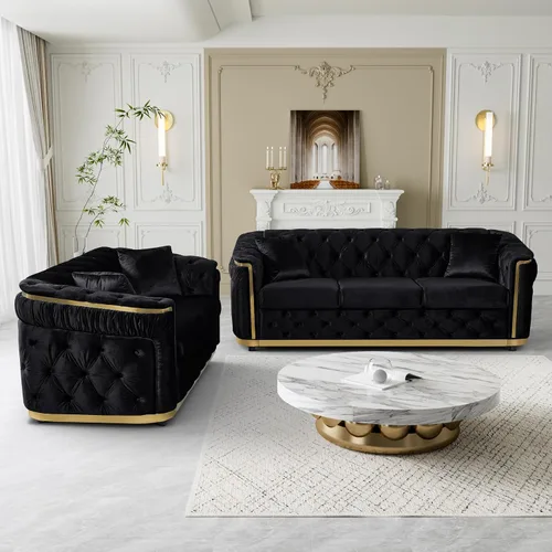 Miniatura 7 de DAMAIFROM Juego de sofá de terciopelo de lujo beige y dorado, moderno de mediados de siglo, sofás Chesterfield copetudos y patas doradas, juego de 2