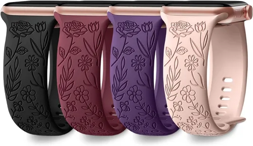 Miniatura 15 de DaQin Paquete de 4 correas florales grabadas compatibles con Apple Watch para mujeres de 40mm 41mm 42mm 44mm 45mm 46mm 38mm 49mm, correa de silicona