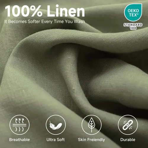Miniatura 2 de Simple&Opulence Sábana bajera ajustable 100% lino tamaño matrimonial (1 pieza), funda de colchón de 14 pulgadas de profundidad de lino francés Verde