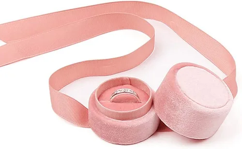 Miniatura 2 de Beatilog Caja de terciopelo para anillos Hermosa caja redonda para anillos de boda con elegante lazo de cinta, organizador de regalo