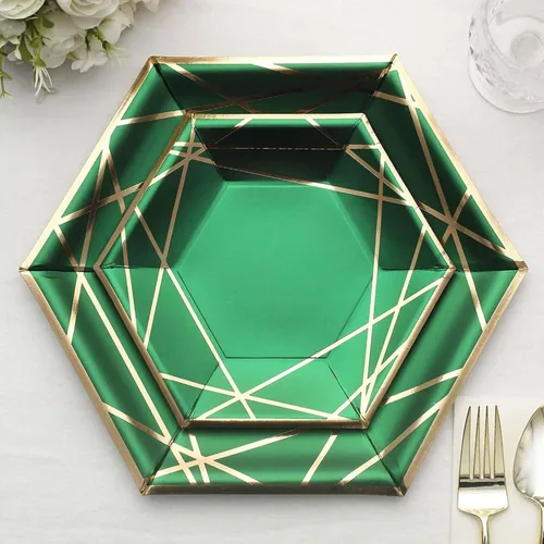 Miniatura 10 de Efavormart - Paquete de 25 platos hexagonales de papel blanco y dorado de 7 pulgadas, platos geométricos rígidos para postres y aperitivos