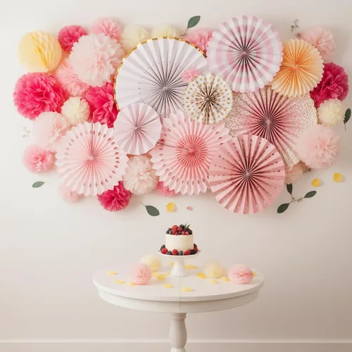 Miniatura 9 de PapaKit Juego de 26 piezas de decoración de fiesta multicolor de lujo, pompones de papel de seda vibrantes, bolas de panal y abanicos de papel