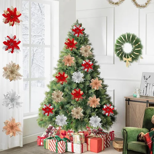 Miniatura 3 de 24 piezas de flores de Pascua doradas de 6 pulgadas para decoraciones de árbol de Navidad - Flores artificiales para adornos de árbol de Navidad