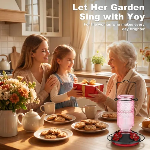 Miniatura 7 de Comederos de vidrio para colibríes FEED GARDEN para exteriores, comedero para colibríes rosa de 16 OZ con 4 puertos de alimentación con protección