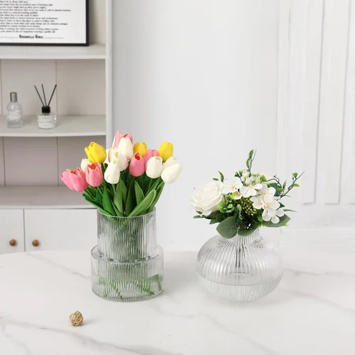 Miniatura 6 de Jarrones de vidrio acanalado, juego de 2 jarrones estriados para flores, jarrón de vidrio transparente para tulipanes, jarrón moderno para sala
