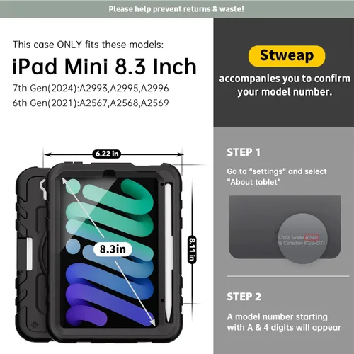 Miniatura 2 de Funda para iPad mini 7 A17 Pro/iPad mini 6 de 8.3 pulgadas, funda para iPad mini de 7ª/6ª generación (2024/2021) con soporte para lápiz/soporte