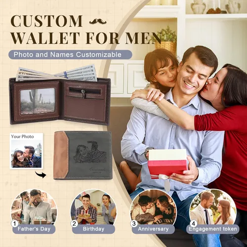 Miniatura 6 de Carteras personalizadas para hombres, cartera personalizada para hombre con imagen grabada y nombre, billetera delgada de cuero plegable, regalos