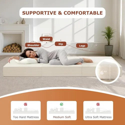 Miniatura 5 de Colchón plegable de tres pliegues de 6 pulgadas, sofá cama plegable con funda extraíble lavable, colchón de futón portátil de tamaño completo