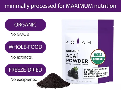 Miniatura 3 de KOYAH - Acai en polvo orgánico (5.29 oz - 50 porciones): Cultivado en Brasil, liofilizado, 100% puro, sin ácido cítrico añadido, ideal para batidos