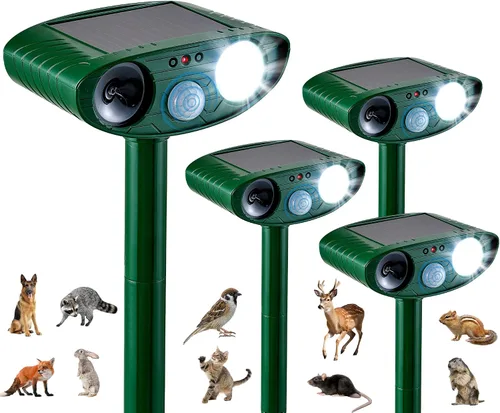 Paquete de 4 repelentes solares de animales para mapaches, ciervos y ardillas, luz ultrasónica y estroboscópica, disuasorio al aire libre para