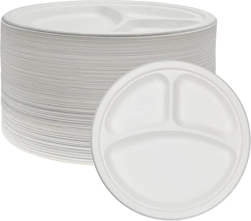 Miniatura 5 de NYHI Paquete de 125 platos desechables de papel compostables de 10 pulgadas a granel para adultos y niños, platos de caña de azúcar blanca