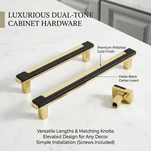 Miniatura 3 de 2 paquetes de tiradores de gabinete negros y dorados para cocina, manijas de gabinete de zinc, herrajes para cajones, tiradores para armario
