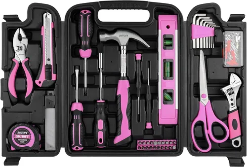Juego de herramientas rosadas, 131 piezas, color rosa, para mujeres, kit de herramientas manuales para el hogar con caja de herramientas de plástico