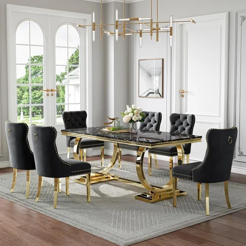 Miniatura 23 de Juego de mesa de comedor de mármol de 70 pulgadas para 6, mesa de cocina grande y sillas de cuero negro, mesas de comedor modernas negras y doradas