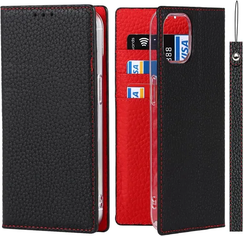 Miniatura 14 de iCoverCase Compatible con iPhone 13 Pro Max, funda magnética de piel auténtica con bloqueo RFID, correa para la muñeca y ranuras para tarjetas, Rojo