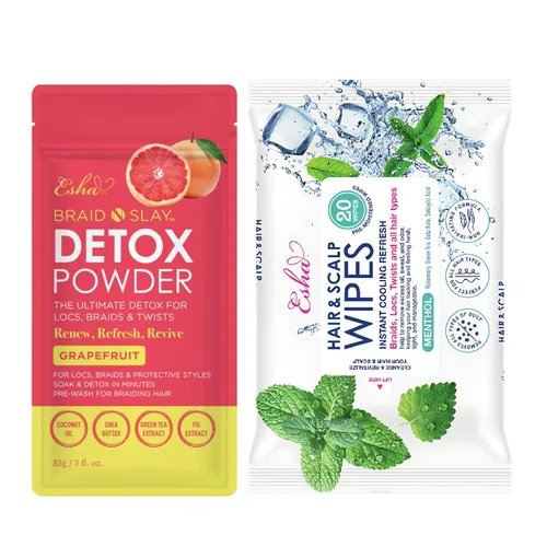 Esha Kit de desintoxicación – Toallitas para cabello y cuero cabelludo + polvo de desintoxicación de pomelo – Limpieza del cuero cabelludo y cuidado