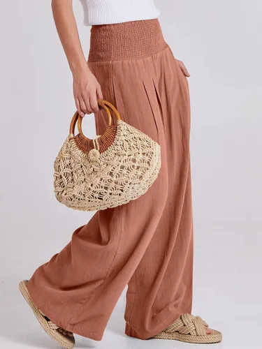 Miniatura 3 de Caracilia Pantalones palazzo de lino para mujer, estilo bohemio, pierna ancha, cintura alta, fruncidos, informales, con bolsillo