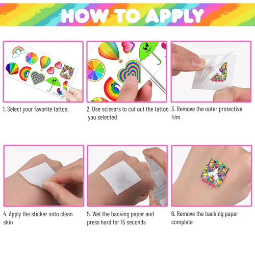 Miniatura 5 de 100 tatuajes temporales coloridos para niños y adultos, calcomanías falsas de neón arco iris, recuerdos de fiesta de cumpleaños
