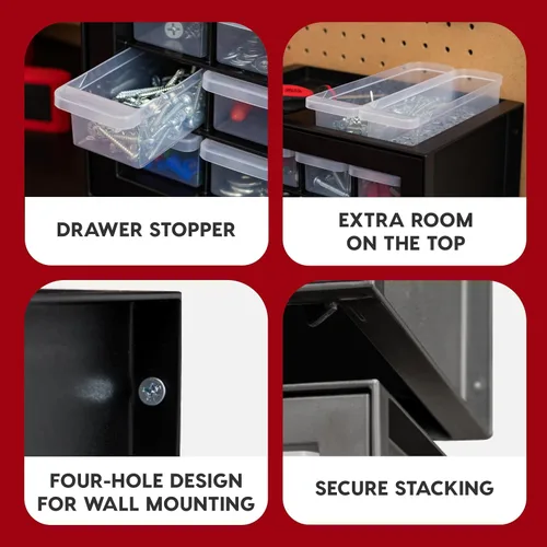Miniatura 7 de IRIS USA Organizador de Cajones Pequeños de Plástico, 16 Cajones, Caja de Herramientas Apilable para Maestros, Organizador de Lápices, Partes Negro