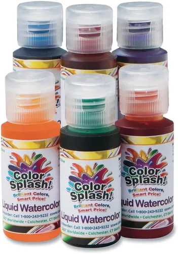 S&S Worldwide Color Splash! Pintura líquida de acuarela, 6 colores vívidos, botellas dispensadoras de goteo de 1 onza, para toda pintura de