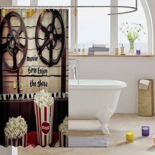 Miniatura 3 de Homewish Theater Cinema Poster Shower Curtain Set,Retro Movie Bathroom Curtain,Kids Girls Teens Popcorn Waterproof Fabrics Movie Night Bathroom