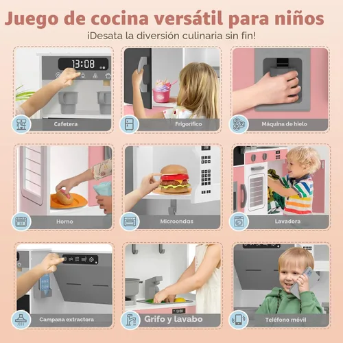 Miniatura 7 de BIERUM Cocina de Juguete con Luces y Sonidos Realistas, Juego de Cocina de Madera con 28 Piezas de Comida de Juguete y Accesorios de Utensilios