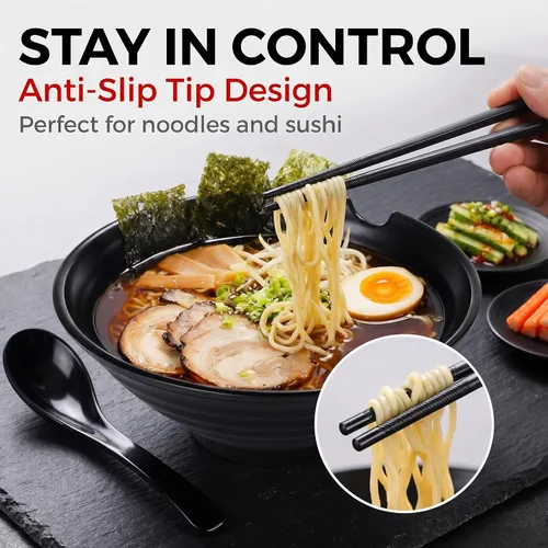 Miniatura 4 de Juego de 2 tazones de ramen irrompible estilo japonés, 37 onzas, grandes cuencos y cucharas de melamina mate con palillos y platillos para fideos