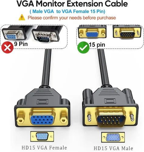 Miniatura 2 de Cable de extensión VGA, cable VGA macho a hembra de 6 pies de 15 pines (no 9 pines), SVGA macho a hembra HD15 para monitor HD15, compatible