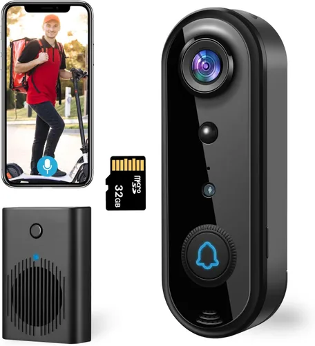 Miniatura 6 de Timbre de video inalámbrico HD con timbre, detección humana inteligente, alerta en tiempo real, visión nocturna FHD, audio bidireccional, IP65 1080p