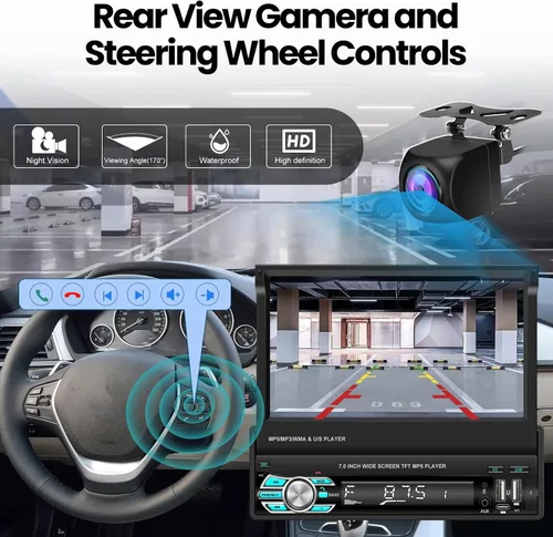 Miniatura 7 de Radio de coche de un solo DIN con Bluetooth, Carplay inalámbrico y Android Auto, pantalla abatible de 7 pulgadas, soporte estéreo retráctil