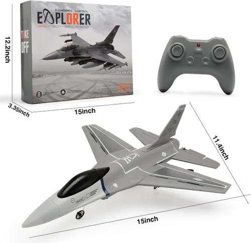 Miniatura 8 de jaming Avión de control remoto de 3 canales para adultos, F16 RC Fighter con giroscopio de 6 ejes, avión de control remoto de 2.4 GHz para Gris