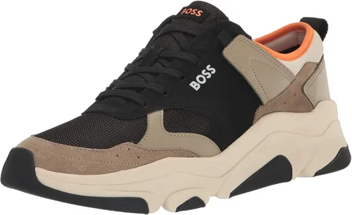 BOSS Zapatillas de deporte de gamuza con bloque de color para hombre, Coriandro BeigeBeige CervatilloNegro ProfundoBlanco BrillanteNaranja Desgastado