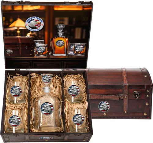 Miniatura 34 de Heritage Pewter Alabama Capitol - Juego de baúl Recipiente de líquido de 24 onzas con 4 vasos de agua Vidrio de peltre elaborado por expertos