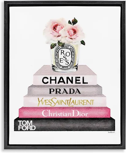 Stupell Industries Book Stack Fashion Candle Pink Rose, diseño de Amanda Greenwood, flotante negro enmarcado, 24 x 30 pulgadas Negro azabache (mate)