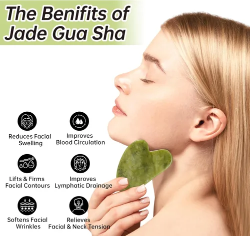 Miniatura 2 de Juego de Gua Sha de Jade y Rodillo Facial, Juego de Herramientas Faciales de Piedra Gua Sha de Jade Real para Reducir la Hinchazón, Herramienta
