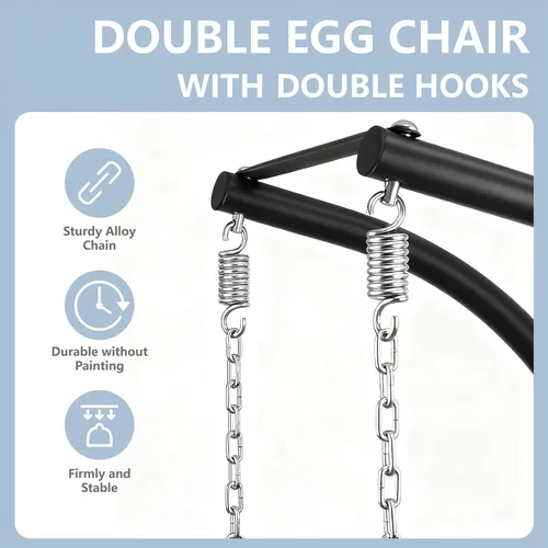 Miniatura 7 de SWITTE Silla doble de columpio en forma de huevo con soporte, hamacas de mimbre colgantes para patio al aire libre de 2 personas con cojín para Gris