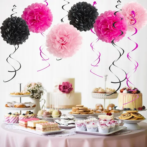 Miniatura 4 de ANSOMO - Decoraciones de fiesta de cumpleaños rosa y negro para niñas y mujeres Pancarta, globos de color rosa intenso, pompones, decoración