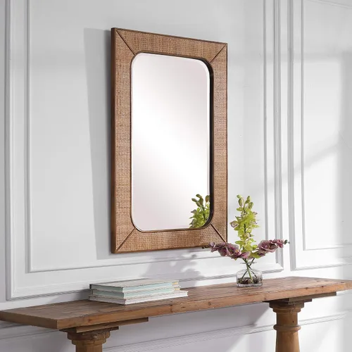 Miniatura 3 de MY SWANKY HOME Casual elegante tejido ratán espejo de pared 42 en cesta de madera armadura tropical costero