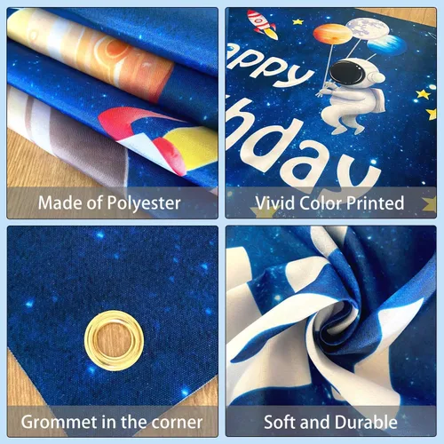 Miniatura 4 de Pancarta de fondo de feliz cumpleaños de planetas astronautas espaciales, suministros de decoración de fiesta de cumpleaños para niños, sistema